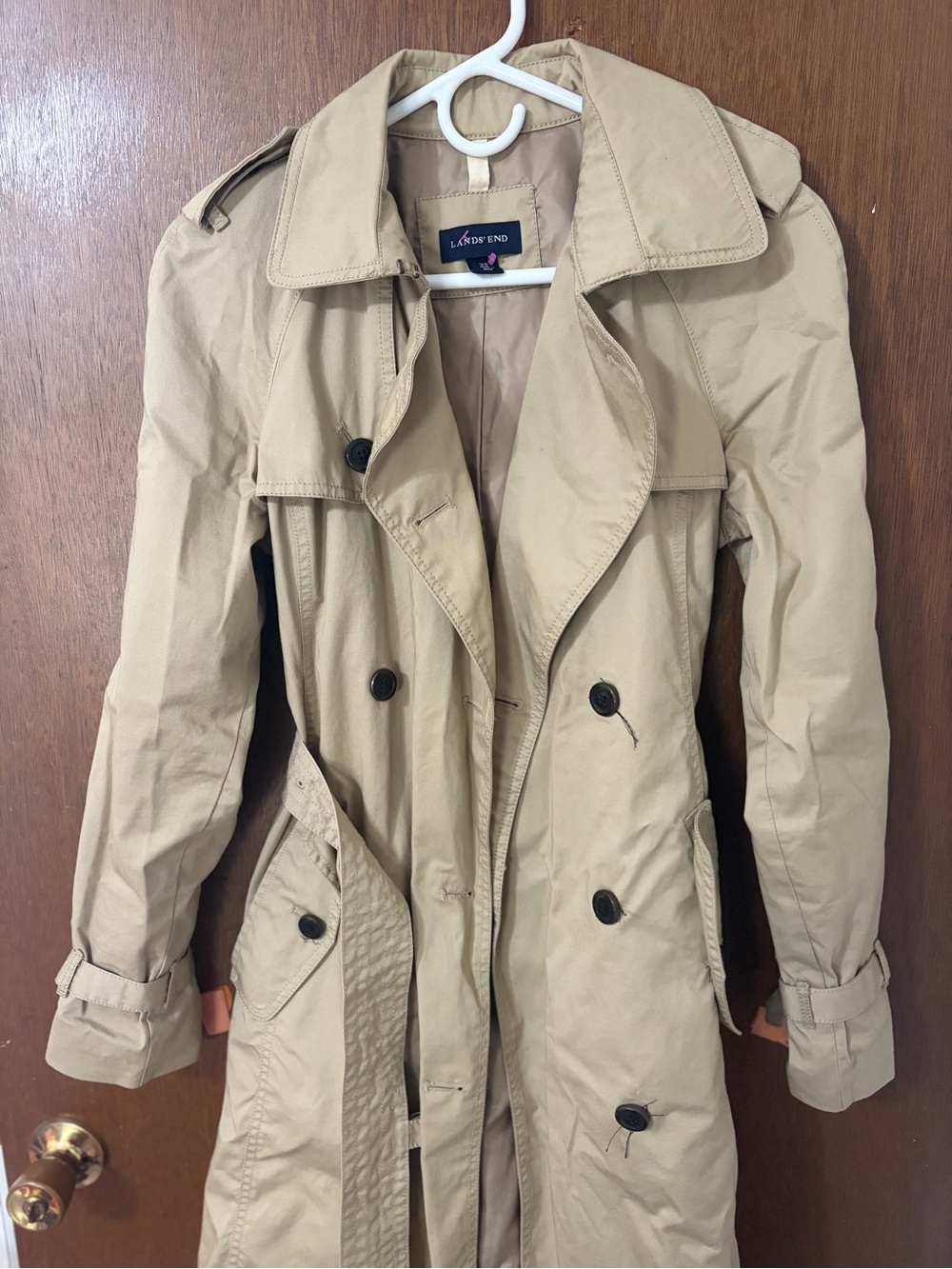 Lands' End Beige Double-Breasted Trench Coat